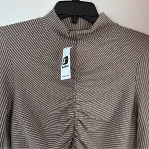 Brown Ruched Long Sleeve Top Womens Bodycon Feminine NWT